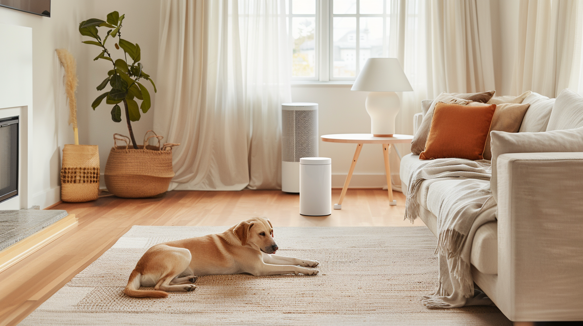 Living room designed with pet-friendly features, including air purifiers and washable surfaces.