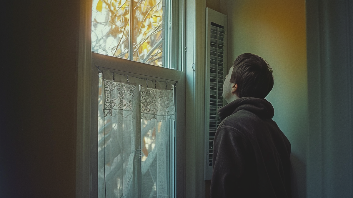Homeowner conducting an energy audit by inspecting an HVAC vent and checking insulation.