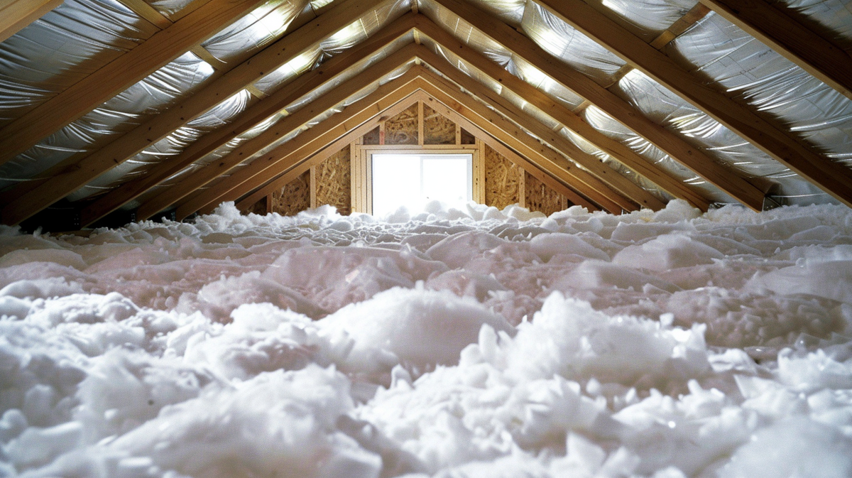 Attic with layered insulation to enhance HVAC efficiency and home comfort.