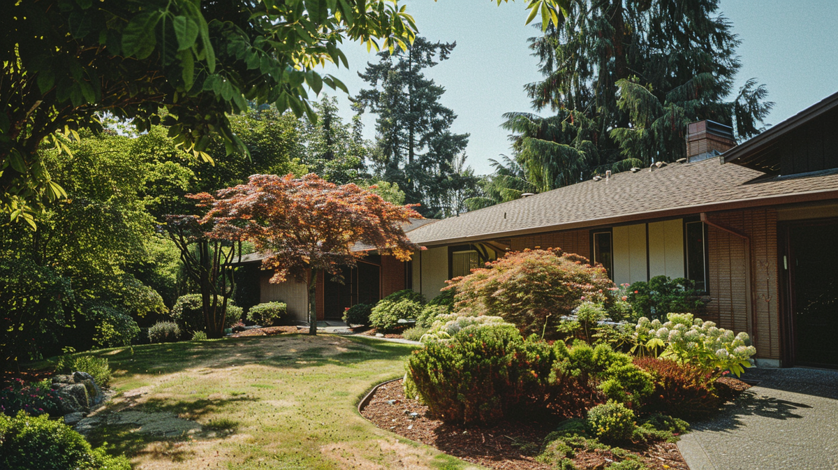 Home with energy-efficient landscaping, including trees and shrubs for natural shade.