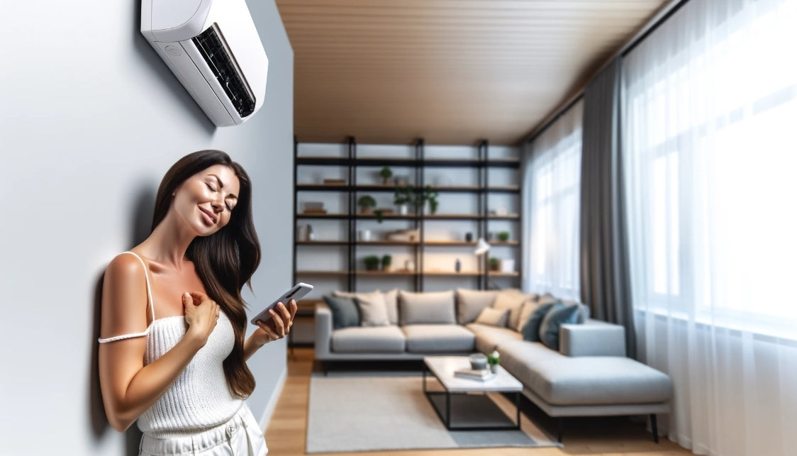 Image of attractive woman cooling off under a mini split
