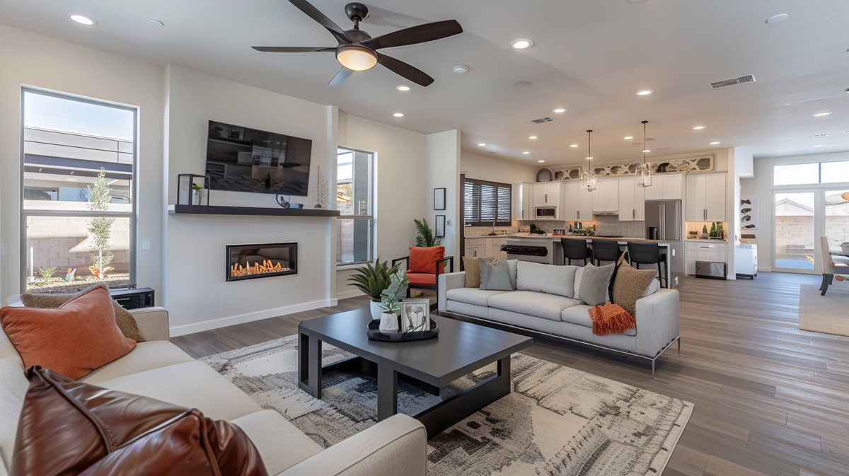 Living room with a smart thermostat, demonstrating smart home HVAC integration.
