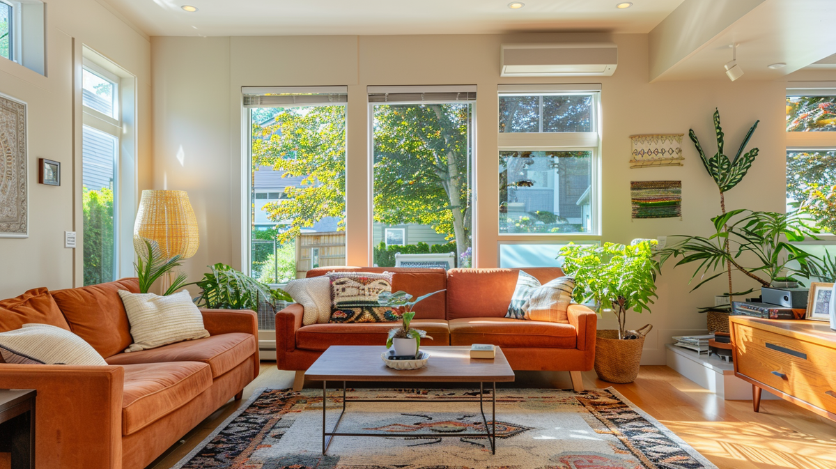 Living room with a ductless mini-split system for ventilation in a home without ductwork.