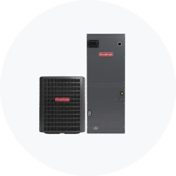 AC cooling unit with an outdoor condenser and indoor air handler, both featuring a red logo.