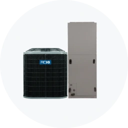 AC unit with a black grille next to a gray heating unit, both designed for electric heating and cooling systems.