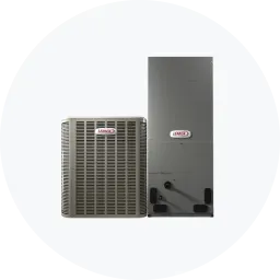 AC heat pump unit with an outdoor condenser and indoor air handler, both featuring a sleek, modern design.
