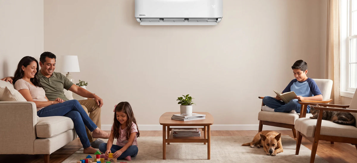 Family enjoying time together in a cozy living room with a mini-split air conditioner on the wall.