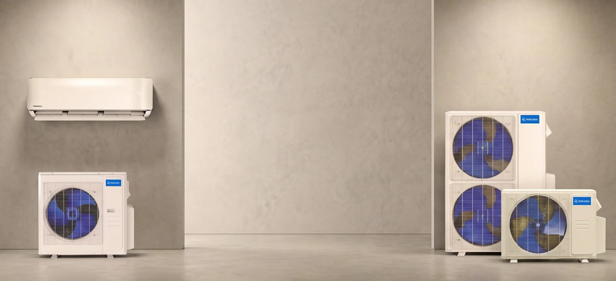 Mini split air conditioning units displayed on a minimalist wall, showcasing both indoor and outdoor components.
