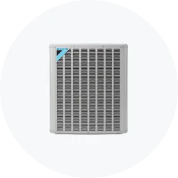 Commercial outdoor air conditioning unit with a gray exterior and blue branding on the top left corner.