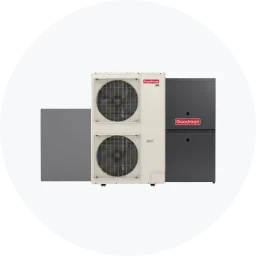 Dual fuel hybrid heat pumps with two large fans and a compact black unit, designed for efficient heating and cooling.