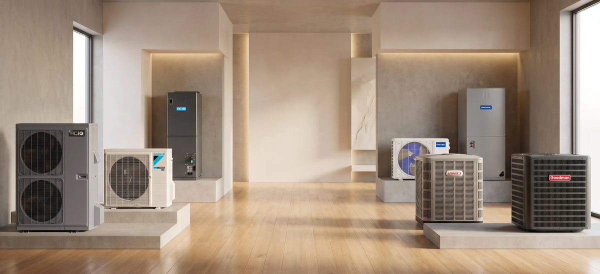 Display of various air conditioning units showcased in a modern, minimalist interior setting.