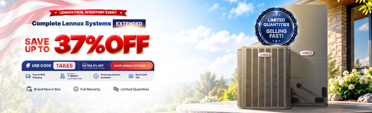 Lennox air conditioning units with promotional text for a sale offering up to 37% off and limited quantities available.