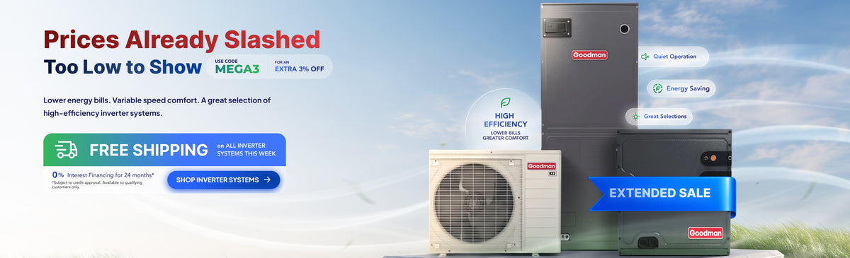 High-efficiency inverter systems with promotional text on energy savings and free shipping offer.
