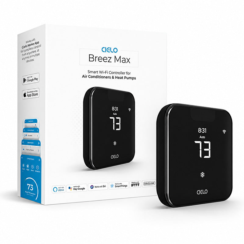 Cielo Breez Max WiFi thermostat with product packaging