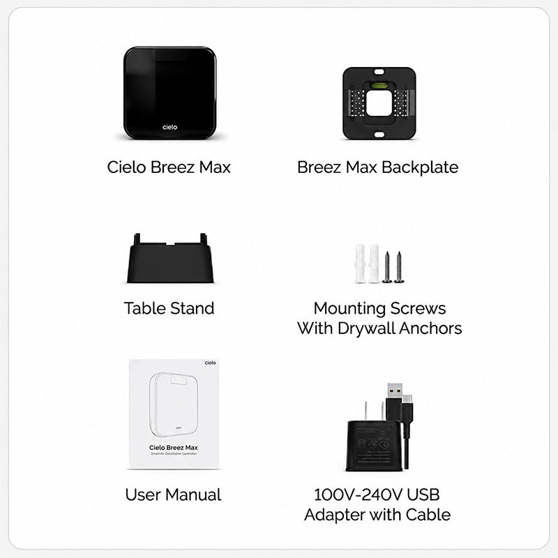 Cielo Breez Max thermostat, backplate, table stand, mounting hardware, user manual, and USB power adapter