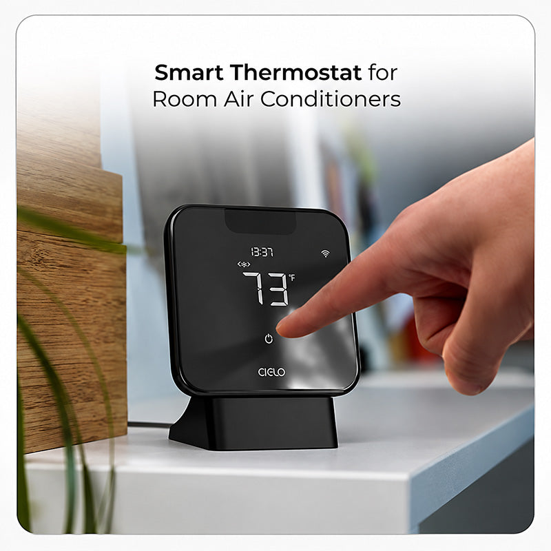 Cielo Breez Max thermostat on table stand being adjusted