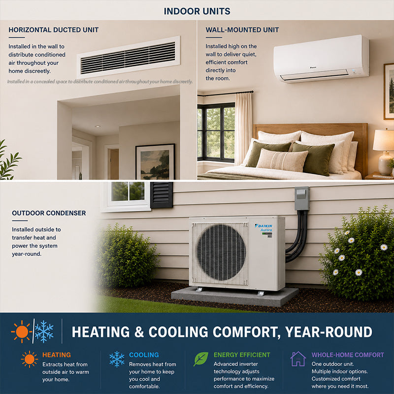 Daikin Aurora multi-zone mini-split heat pump system showing wall-mounted and horizontal ducted indoor units with outdoor condenser for year-round heating and cooling.