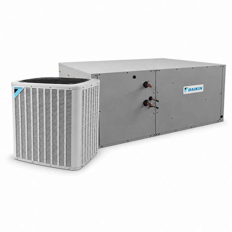 Daikin commercial air conditioning and electric heat split system featuring outdoor condenser and horizontal air handler.
