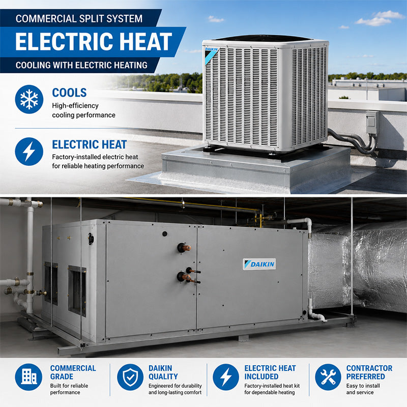 Daikin commercial split system with electric heat installed on a commercial property featuring rooftop condenser and indoor air handler.