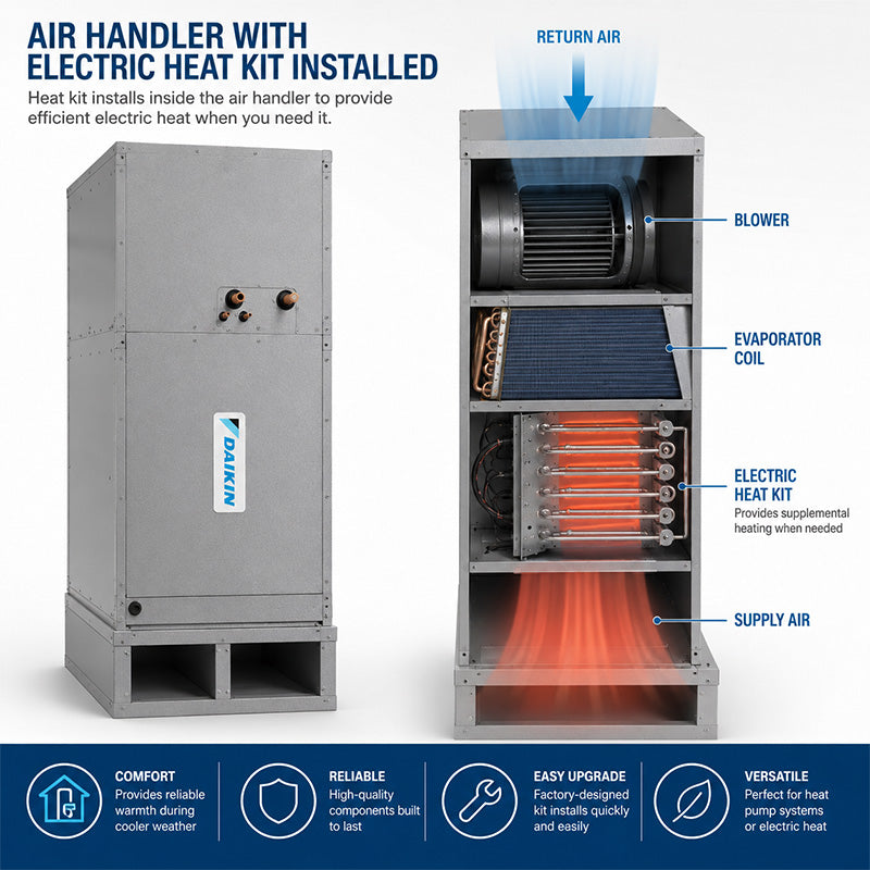 Daikin commercial electric heat kit installation diagram showing how the heat kit is installed inside the air handler