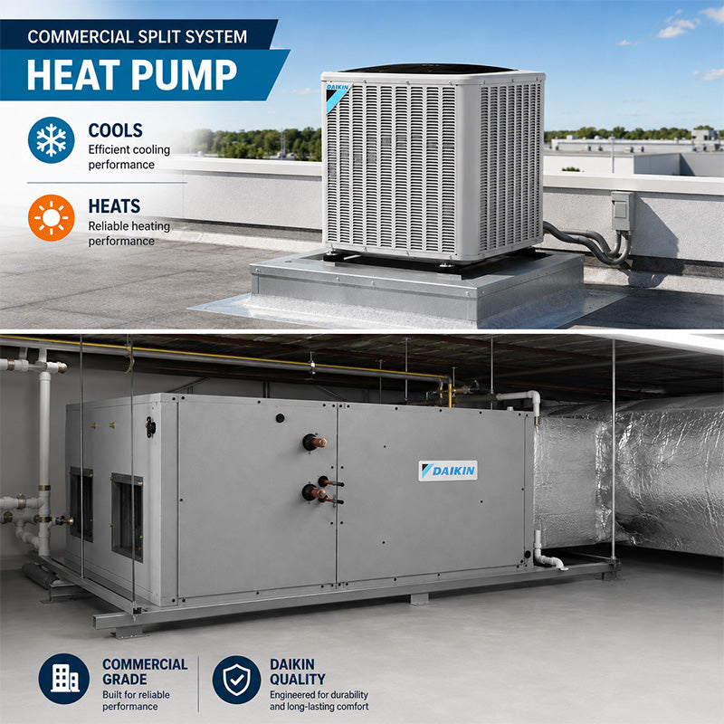 Daikin commercial heat pump split system installed on a commercial property with rooftop condenser and indoor air handler.