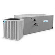 Daikin commercial heat pump split system featuring outdoor condenser and horizontal air handler.