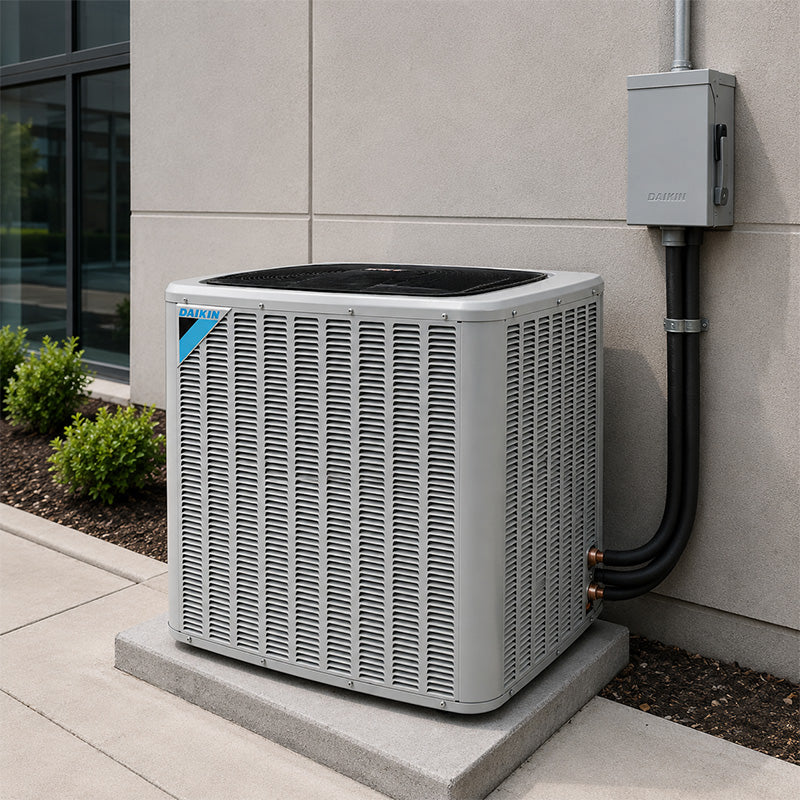 Daikin commercial split system air conditioner installed near a commercial building