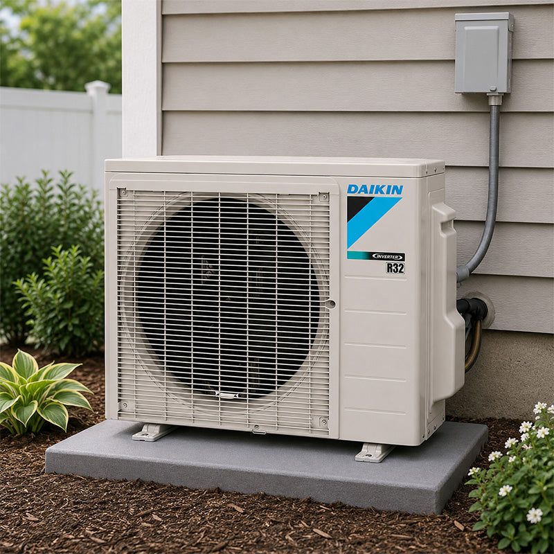 Daikin ENTRA mini-split outdoor condenser installed on a pad beside a home