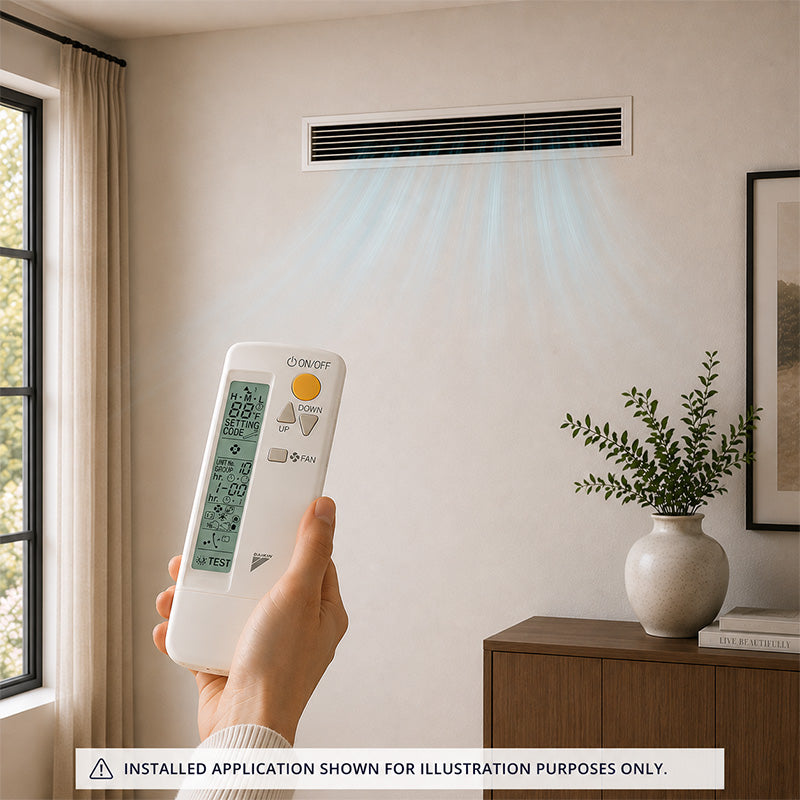 Daikin concealed horizontal ducted mini split air handler installed in a modern home with wireless remote control