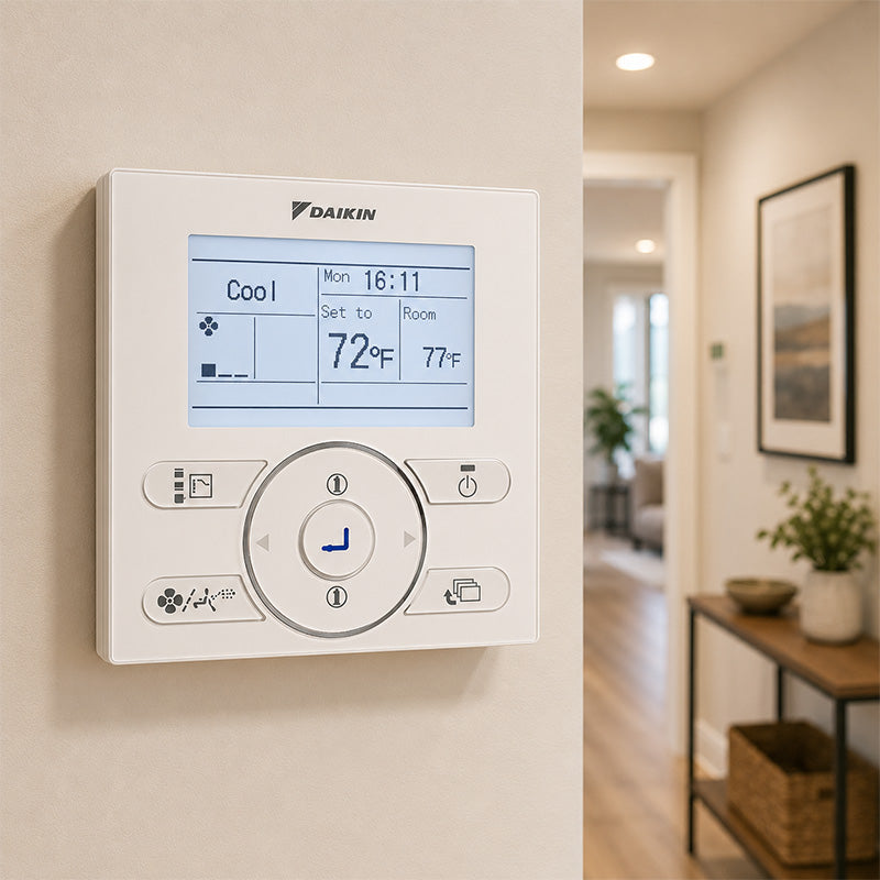 Daikin wired mini split controller installed on wall inside modern home