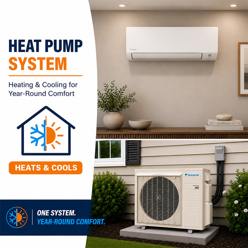 Daikin Polara single-zone mini-split heat pump system installed with info explaining one system year round comfort