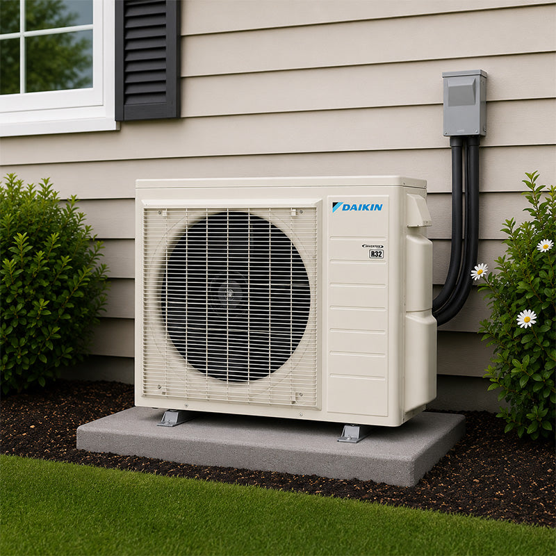 Daikin Polera single-zone mini split AC condenser installed on outdoor pad beside residential home