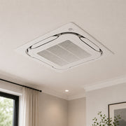 Daikin SkyAir ceiling cassette mini split air handler flush mounted in ceiling of modern spacious living room