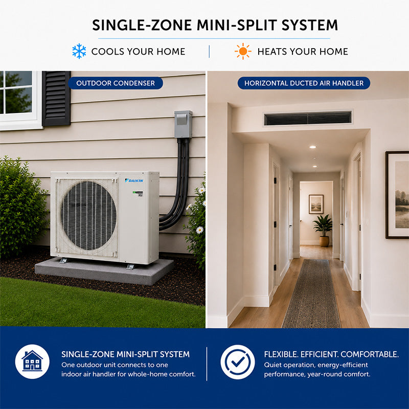 Daikin SkyAir single-zone horizontal ducted mini-split heat pump system installed in a home for year-round comfort