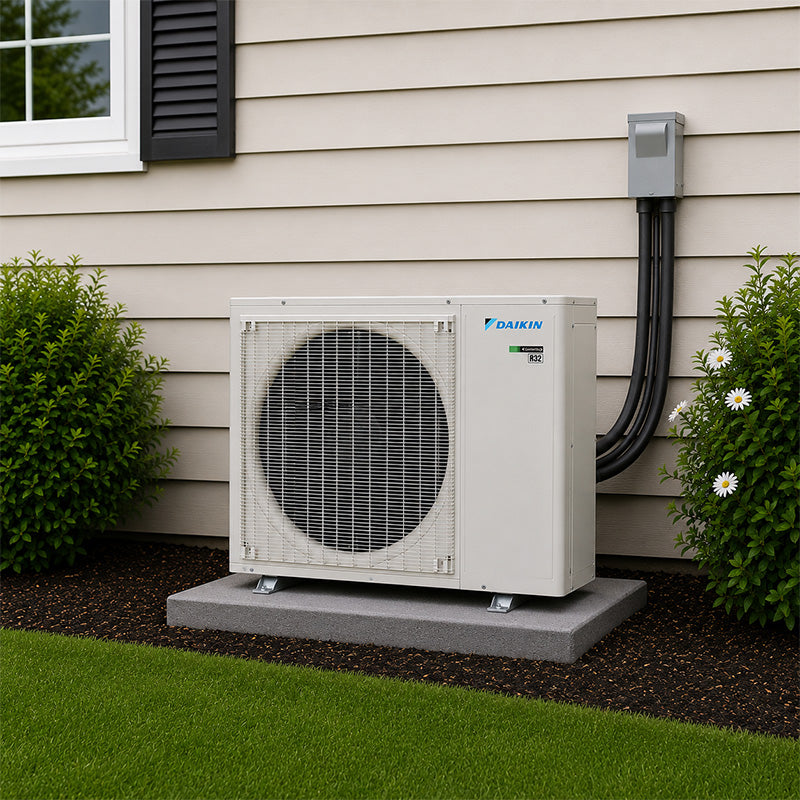 Daikin SkyAir single-zone mini-split heat pump condenser installed on condenser pad beside home
