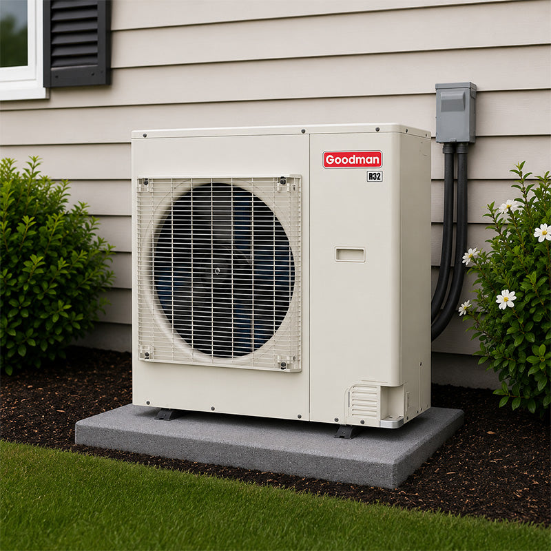 Goodman 3 to 4 ton GXV9S inverter side-discharge air conditioner condenser installed on outdoor pad near home