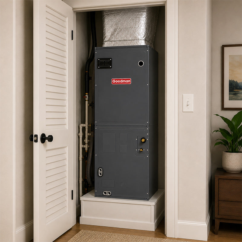 Goodman AHVE variable-speed air handler installed inside residential utility closet with connected ductwork