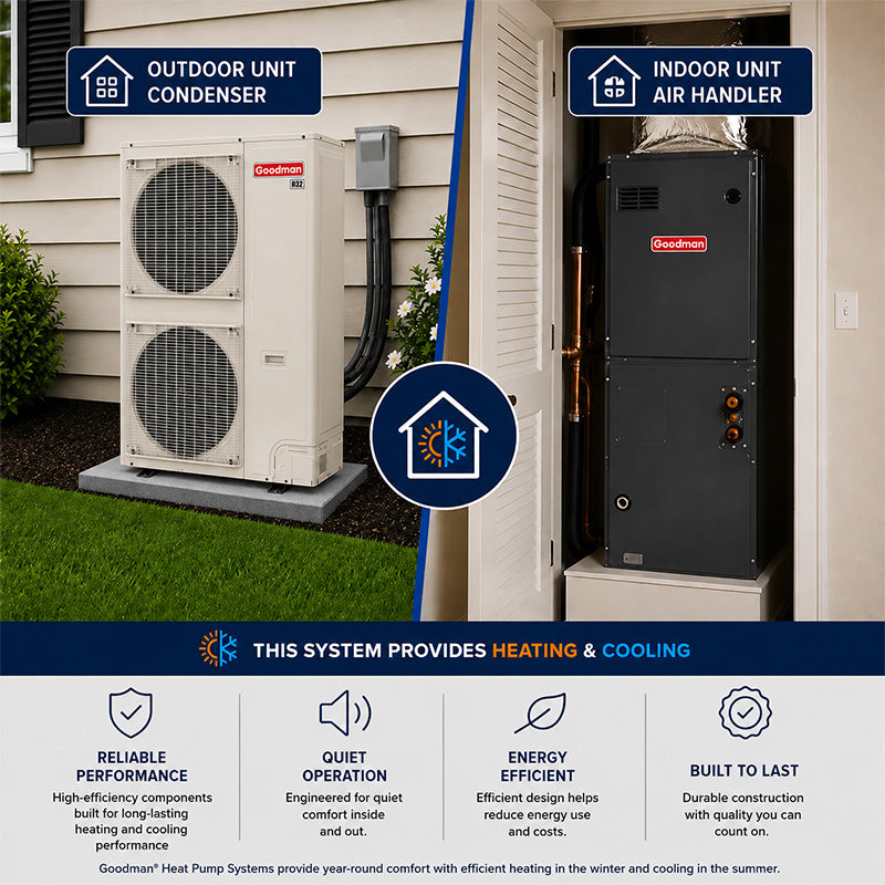 Goodman heat pump split system installed on a residential property featuring an outdoor condenser and indoor air handler.