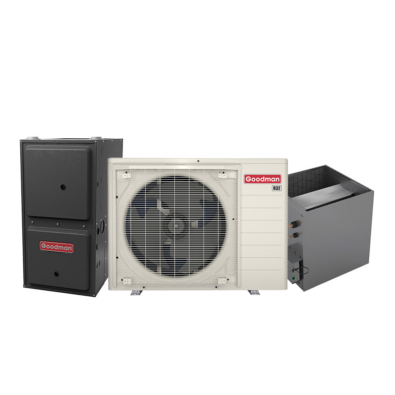 Goodman 2 ton side discharge inverter air conditioner and gas furnace system with 96% AFUE furnace and coil