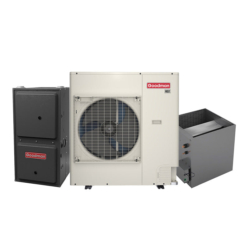 Goodman 3 ton side discharge inverter air conditioner and gas furnace system with 96% AFUE furnace and coil