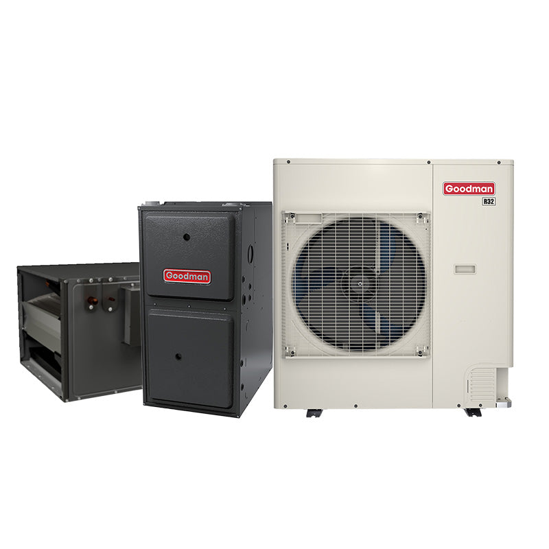 Goodman 3 ton side discharge inverter air conditioner and gas furnace system with 96% AFUE furnace and coil