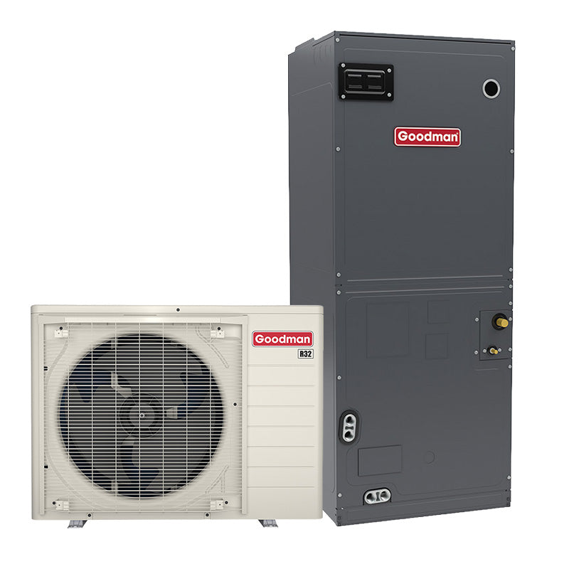 Goodman 2 ton side discharge heat pump condenser (GZV6SA2410) with 115V AHVE air handler.