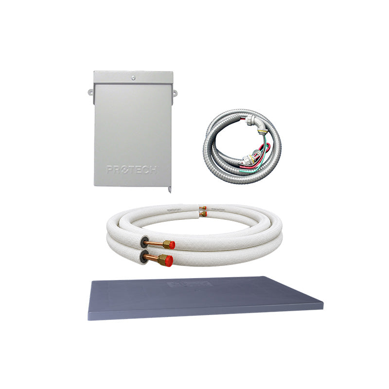 Mini-split installation kit with line set disconnect box whip and condenser pad