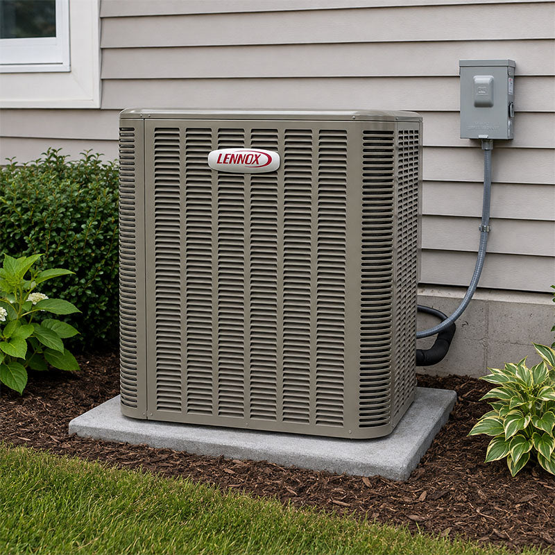 Lennox Merit Series heat pump installed on an outdoor pad beside a home