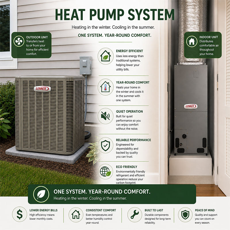 Lennox Merit Series heat pump system with outdoor unit and indoor air handler installed in a home