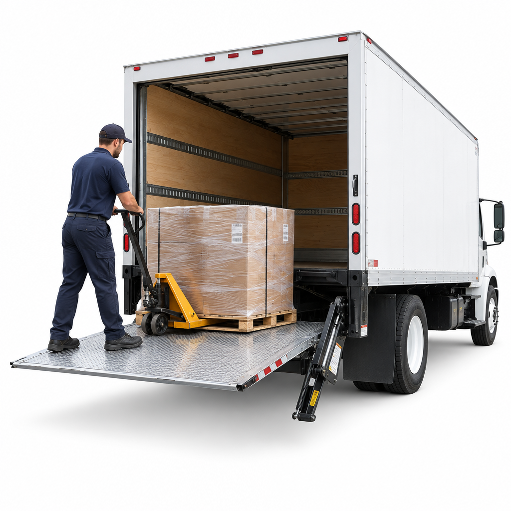Lift Gate Service with a worker using a pallet jack to unload a large box from a truck's lift gate.