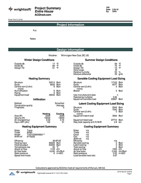 Manual J Residential Load Calculation project summary with detailed design information and weather conditions.