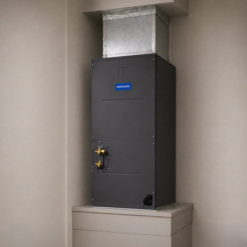 MRCOOL air handler garage installation on raised platform connected to single duct
