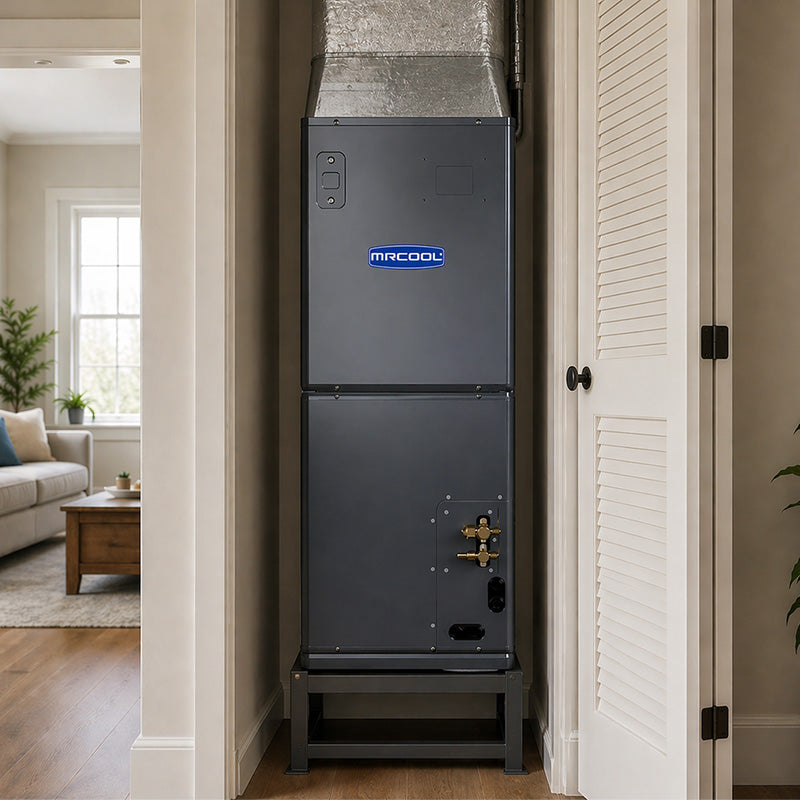 MRCOOL central heat pump air handler installed in home ducted HVAC system