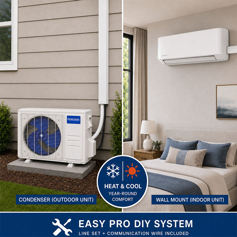 MrCool DIY Easy Pro mini-split system showing the outdoor condenser and bedroom wall-mounted air handler for year-round heating and coolin